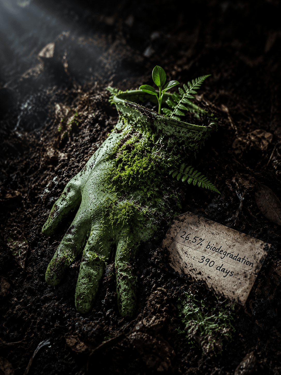Biodegradable nitrile glove decomposing in soil